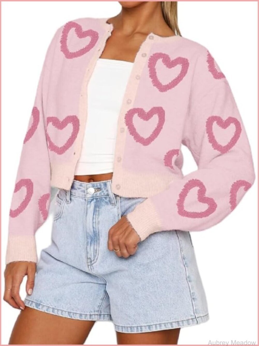 Valentine's Day Heart Print Button Down Cardigan Sweater Cute Knitwear Top